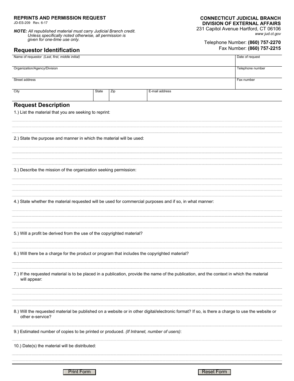 Form JD-ES-209 Reprints and Permission Request - Connecticut, Page 1