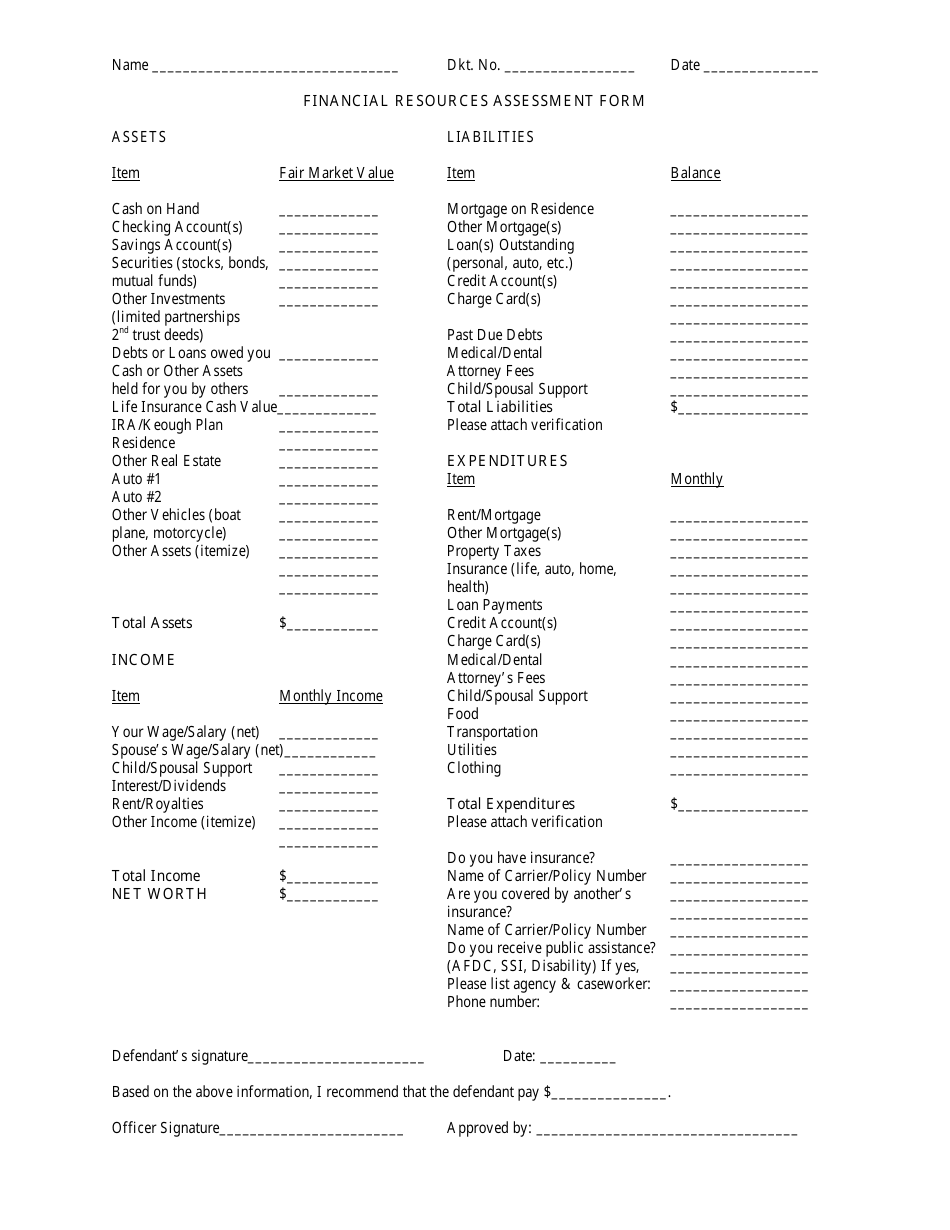 Financial Resources Assessment Form - Utah, Page 1