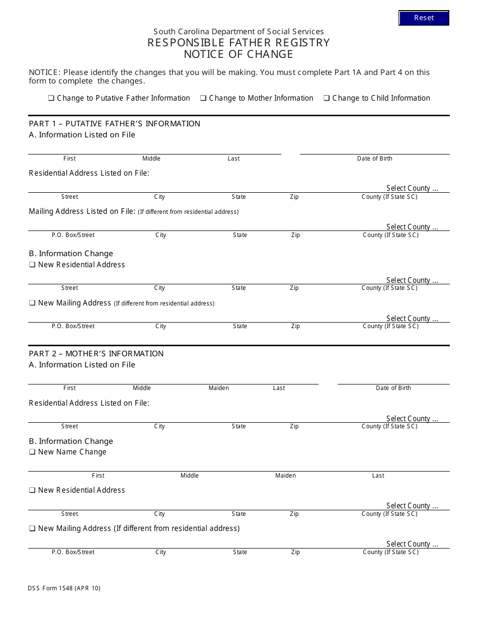 DSS Form 1548 Responsible Father Registry Notice of Change - South Carolina, Page 1