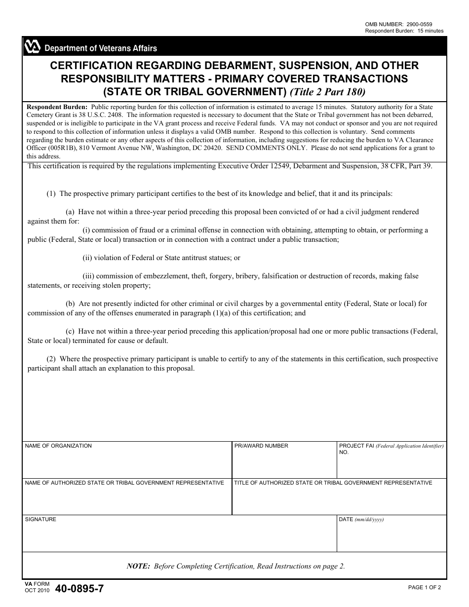 VA Form 40-0895-7 Certification Regarding Debarment, Suspension, and Other Responsibility Matters - Primary Covered Transactions (State or Tribal Government), Page 1