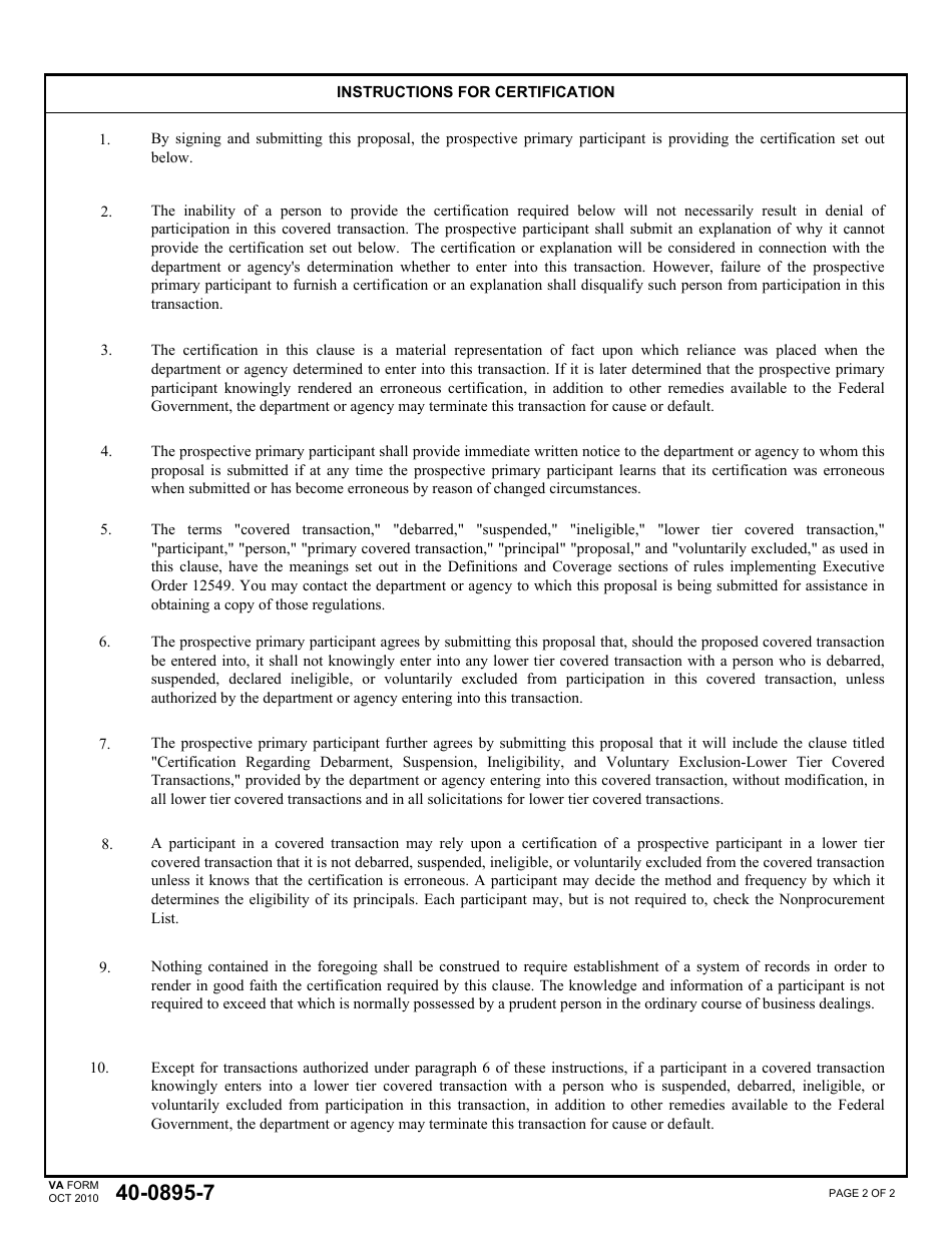 VA Form 40-0895-7 Certification Regarding Debarment, Suspension, and Other Responsibility Matters - Primary Covered Transactions (State or Tribal Government), Page 2