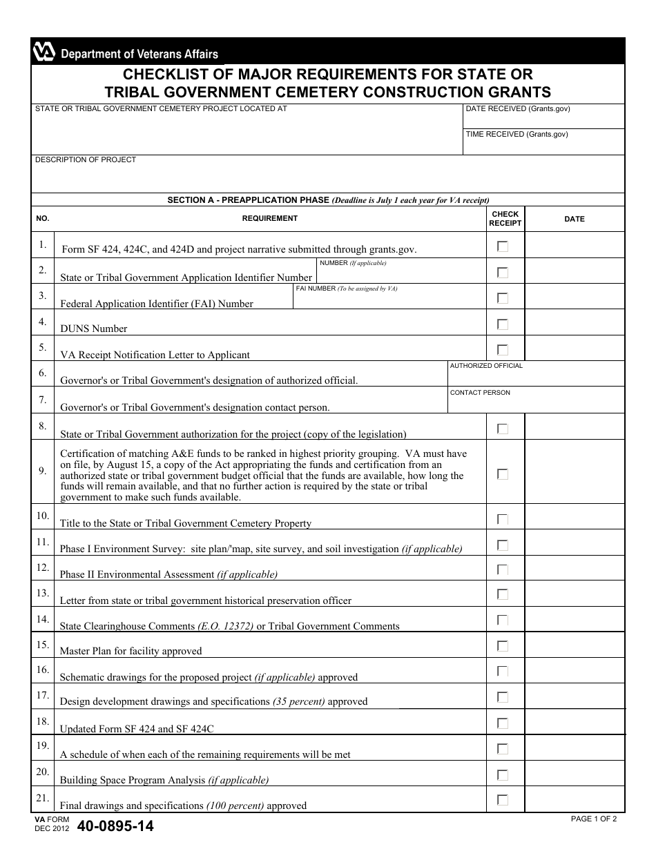 VA Form 40-0895-14 Checklist of Major Requirements for State or Tribal Government Cemetery Construction Grants, Page 1