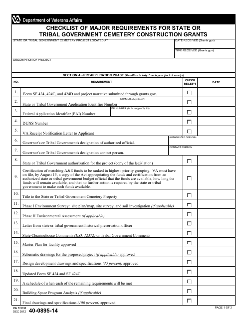 VA Form 40-0895-14 Checklist of Major Requirements for State or Tribal Government Cemetery Construction Grants