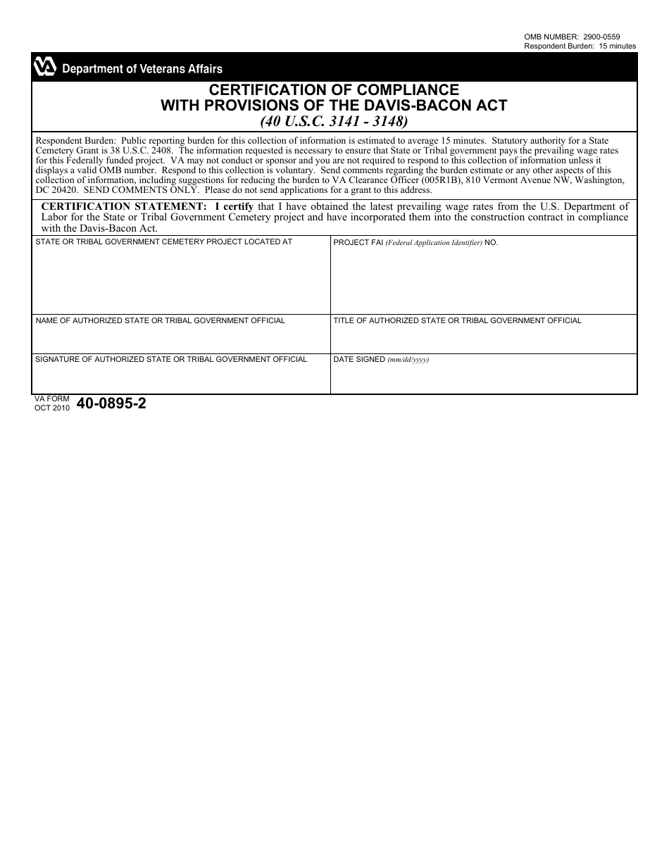 VA Form 40-0895-2 Certification of Compliance With Provisions of the Davis-Bacon Act, Page 1
