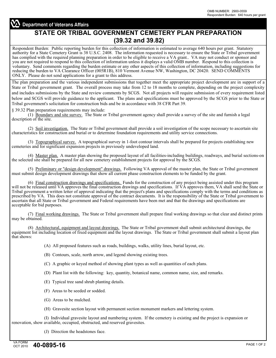 VA Form 40-0895-16 State or Tribal Government Cemetery Plan Preparation, Page 1