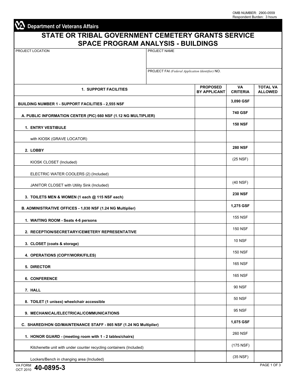 VA Form 40-0895-3 State or Tribal Government Cemetery Grants Service Space Program Analysis - Buildings, Page 1