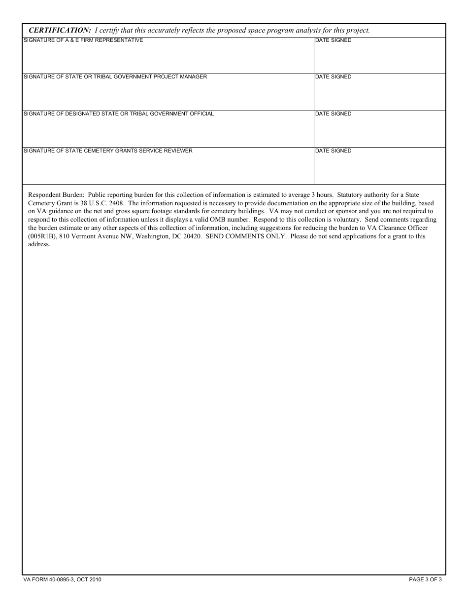VA Form 40-0895-3 State or Tribal Government Cemetery Grants Service Space Program Analysis - Buildings, Page 3