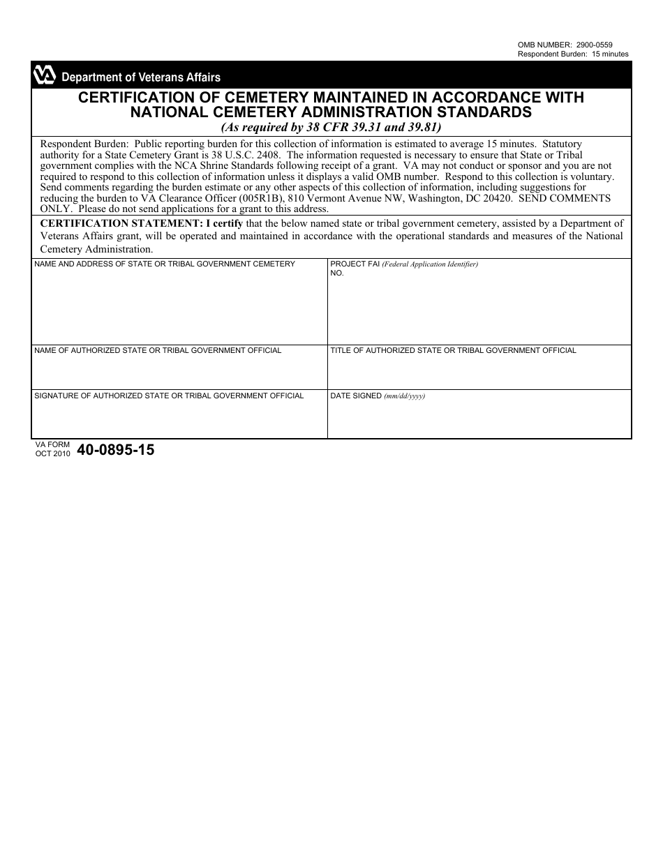 VA Form 40-0895-15 Certification of Cemetery Maintained in Accordance With National Cemetery Administration Standards, Page 1