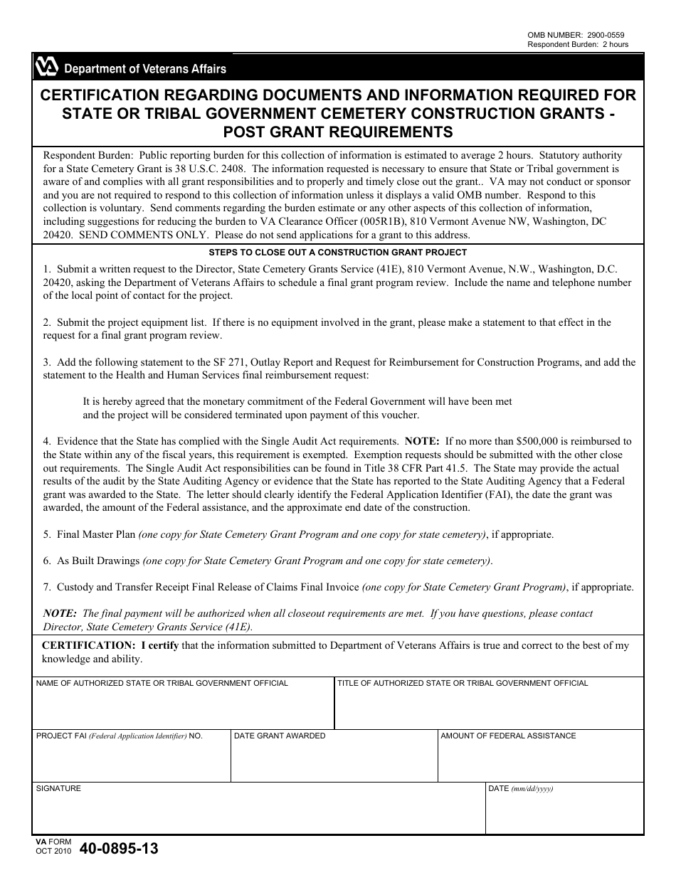 VA Form 40-0895-13 Certification Regarding Documents and Information Required for State or Tribal Government Cemetery Construction Grants - Post Grant Requirements, Page 1