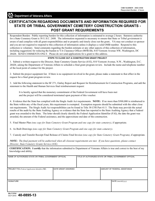VA Form 40-0895-13 Certification Regarding Documents and Information Required for State or Tribal Government Cemetery Construction Grants - Post Grant Requirements
