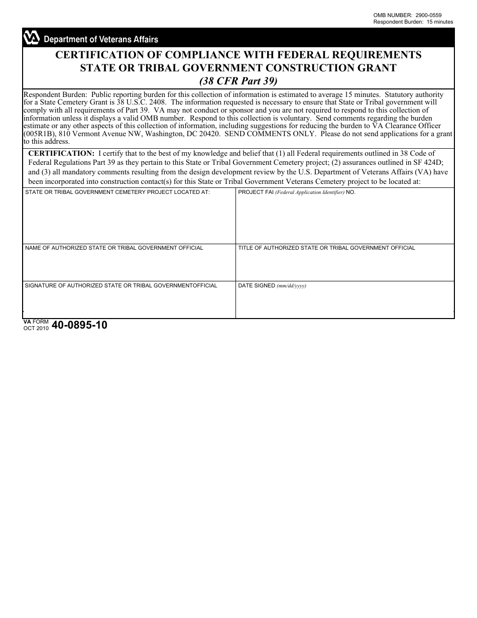 VA Form 40-0895-10 Certification of Compliance With Federal Requirements State or Tribal Government Construction Grant (38 Cfr Part 39), Page 1