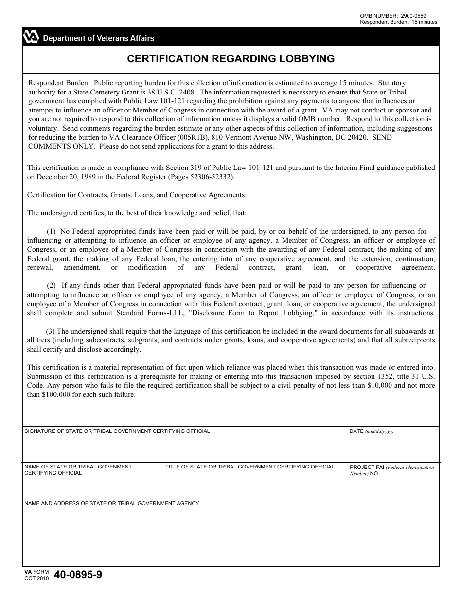 VA Form 40-0895-9 Certification Regarding Lobbying, Page 1