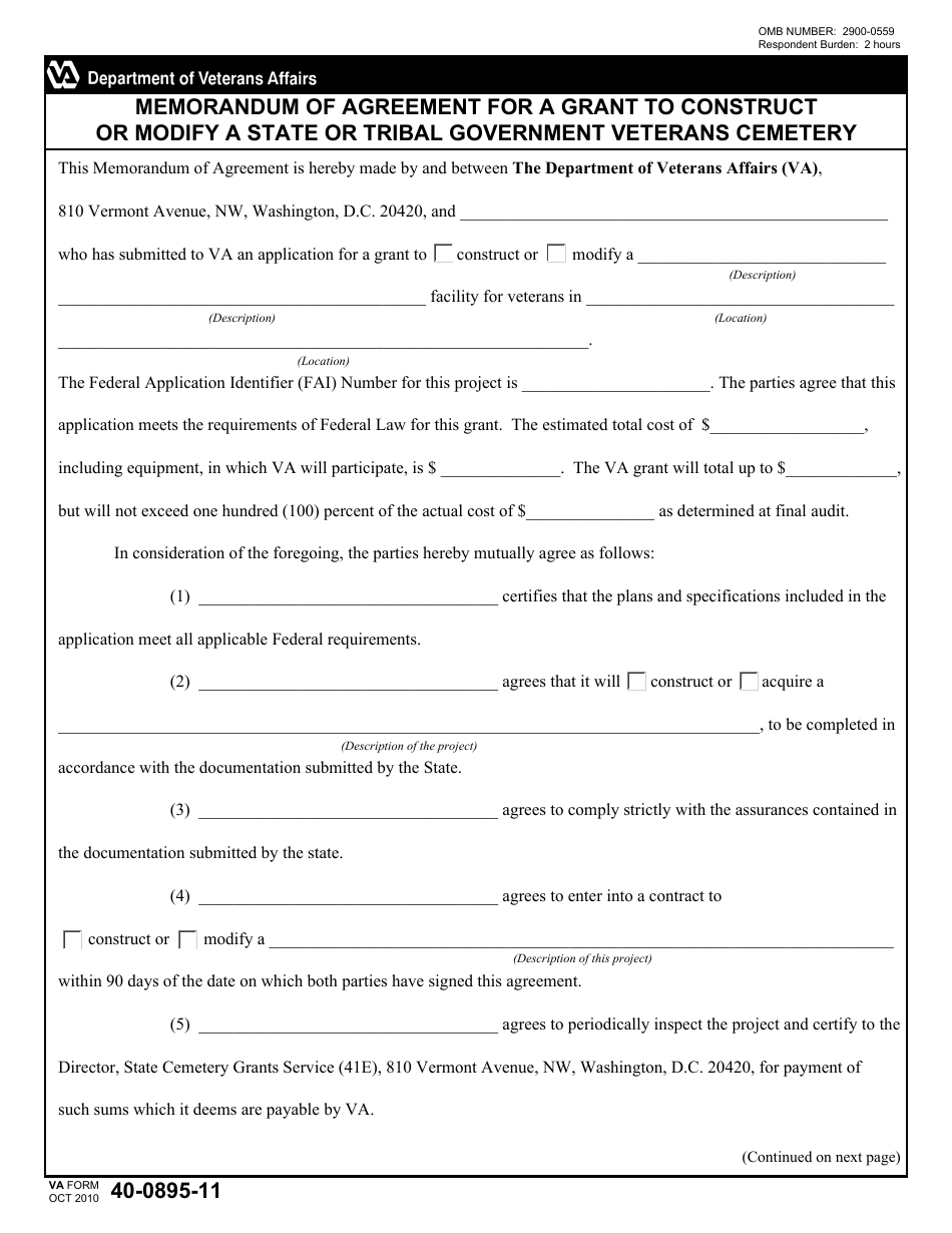 VA Form 40-0895-11 Memorandum of Agreement for a Grant to Construct or Modify a State or Tribal Government Veterans Cemetery, Page 1