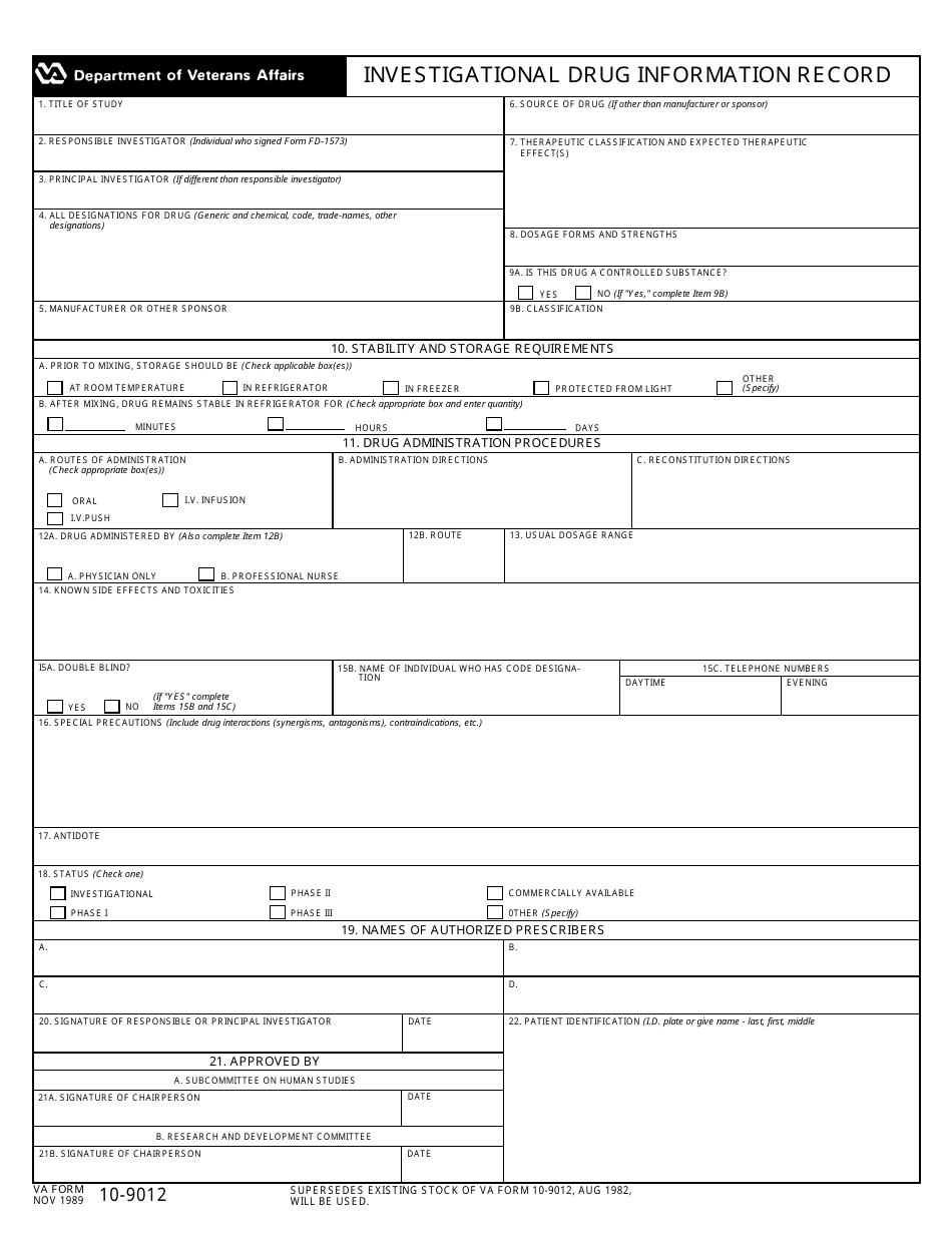 VA Form 10-9012 Investigational Drug Information Record, Page 1