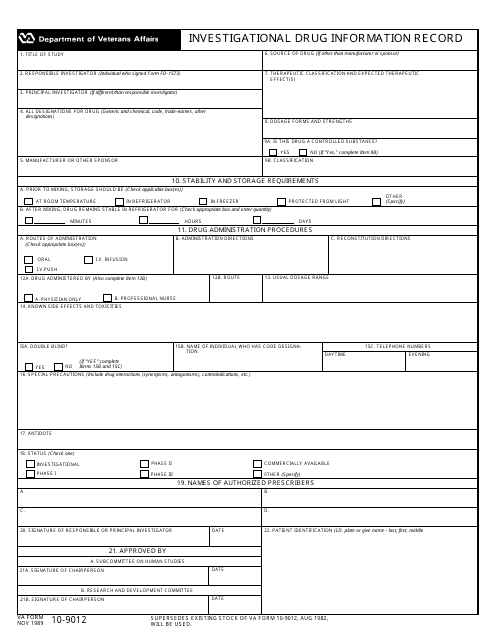VA Form 10-9012 Investigational Drug Information Record