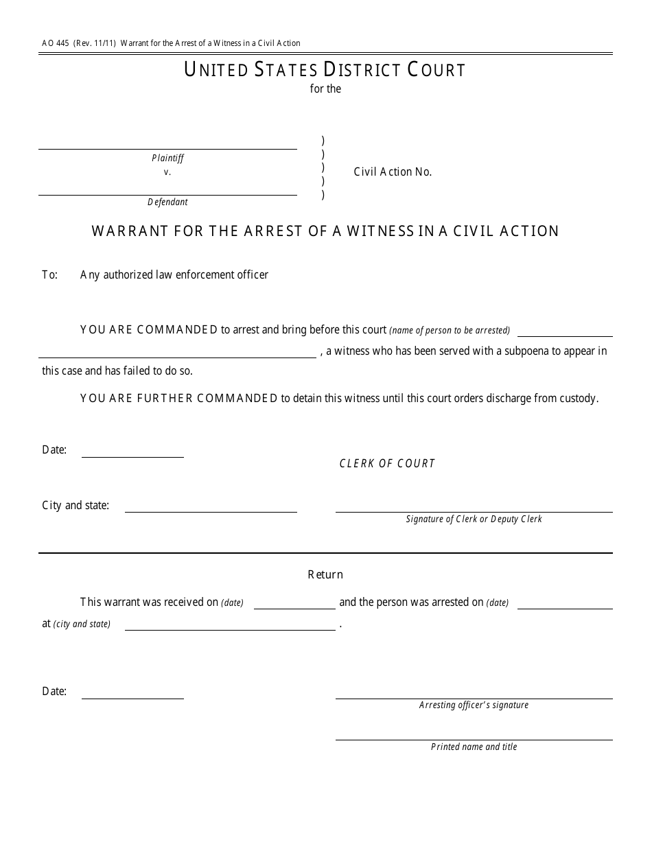 Form AO445 Warrant for the Arrest of a Witness in a Civil Action, Page 1