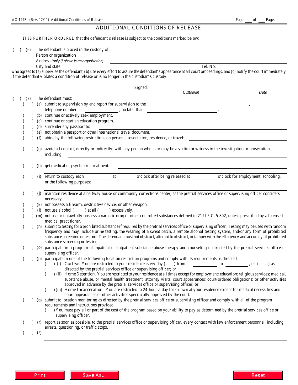 Form AO199B Additional Conditions of Release, Page 1