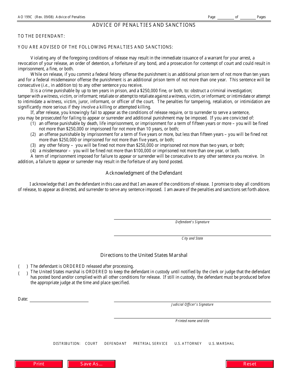 Form AO199C Advice of Penalties and Sanctions / Acknowledgment of the Defendant, Page 1