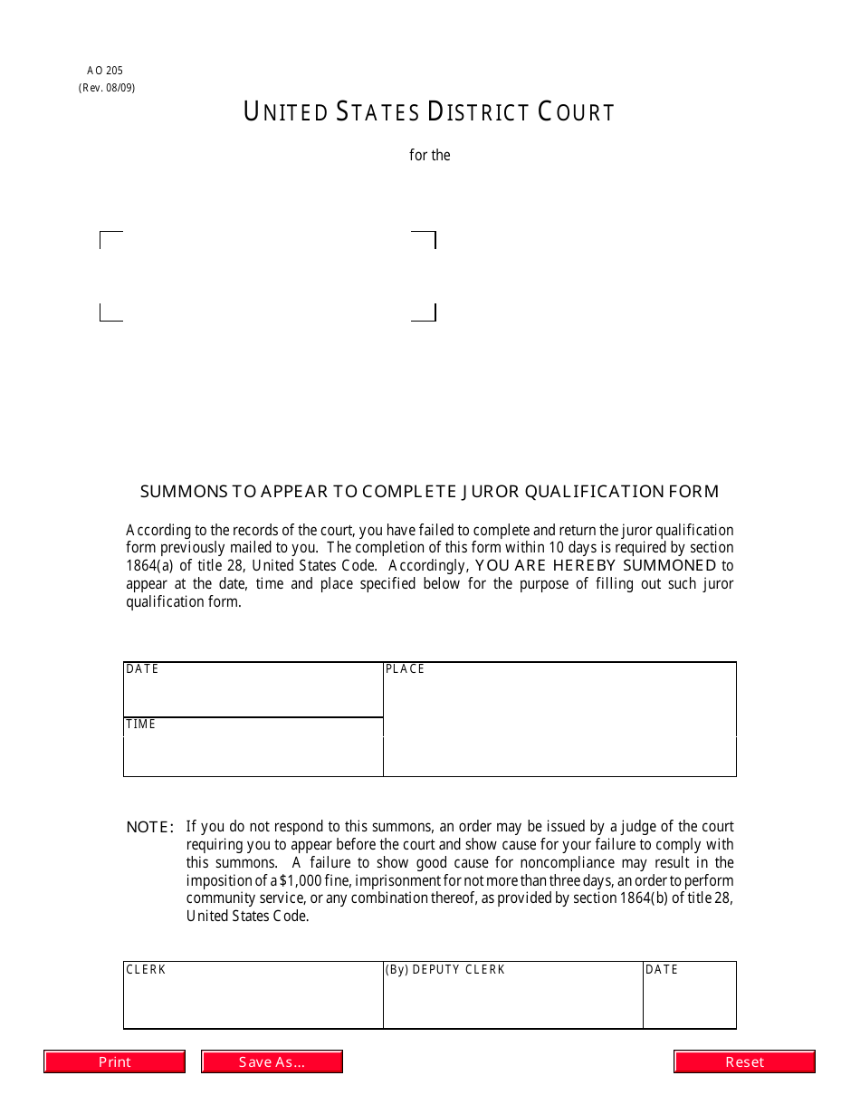 Form AO205 Summons to Appear to Complete Juror Qualification Form, Page 1