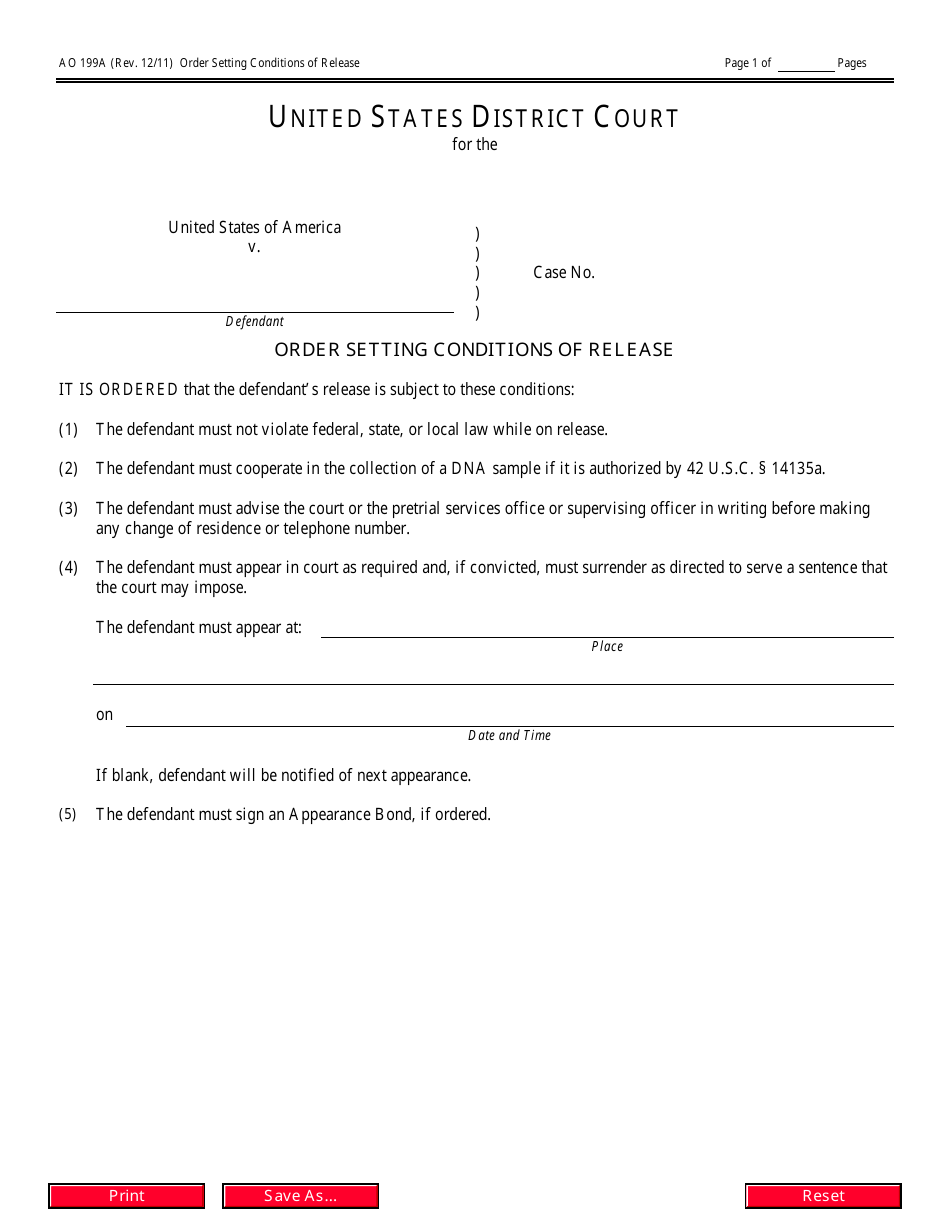 Form AO199A Order Setting Conditions of Release, Page 1