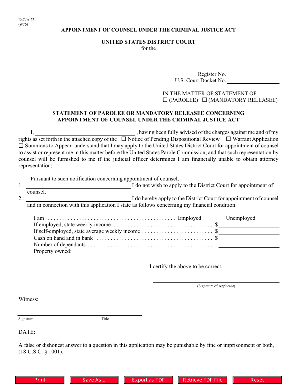 Form CJA22 Statement of Parolee or Mandatory Releasee Concerning Appointment of Counsel Under the Criminal Justice Act, Page 1