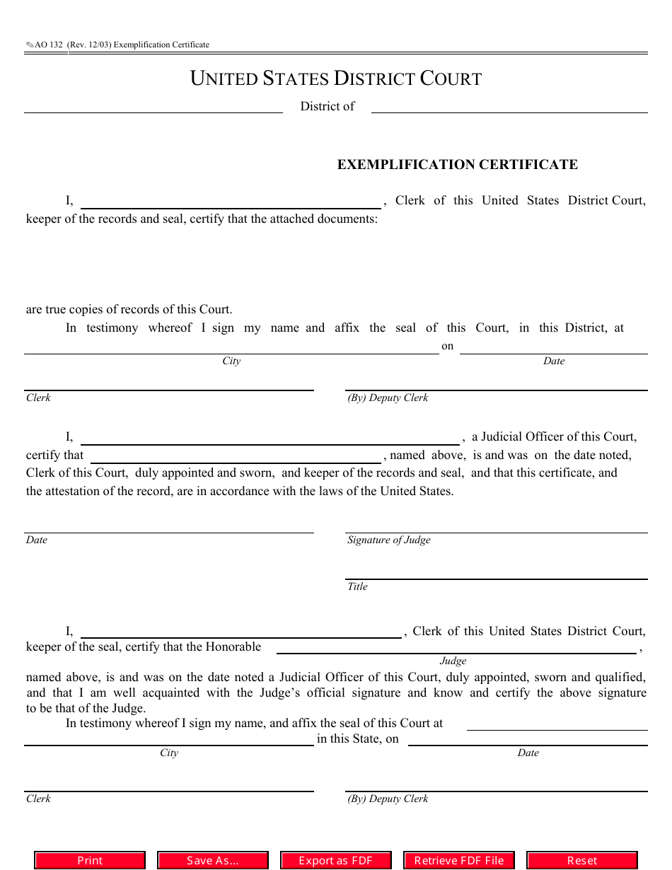Form AO132 Exemplification Certificate, Page 1