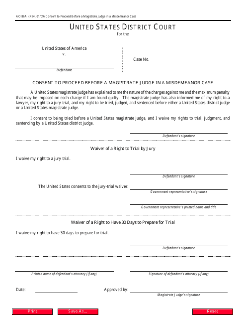 Form AO86A Consent to Proceed Before a Magistrate Judge in a Misdemeanor Case
