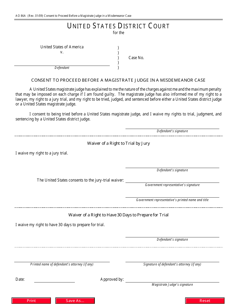 Form AO86A Consent to Proceed Before a Magistrate Judge in a Misdemeanor Case, Page 1