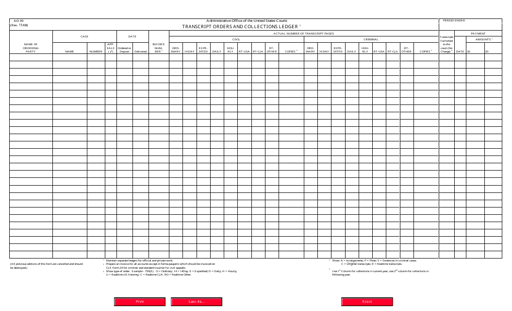 Form AO39 Transcript Orders and Collections Ledger