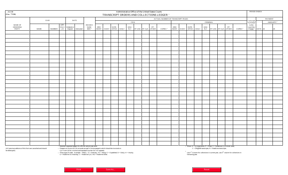 Form AO39 Transcript Orders and Collections Ledger, Page 1
