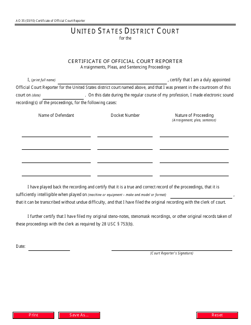 Form AO35 Certificate of Official Court Reporter