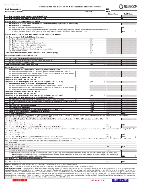 Form REV-998 Shareholder Tax Basis in Pa S Corporation Stock Worksheet - Pennsylvania