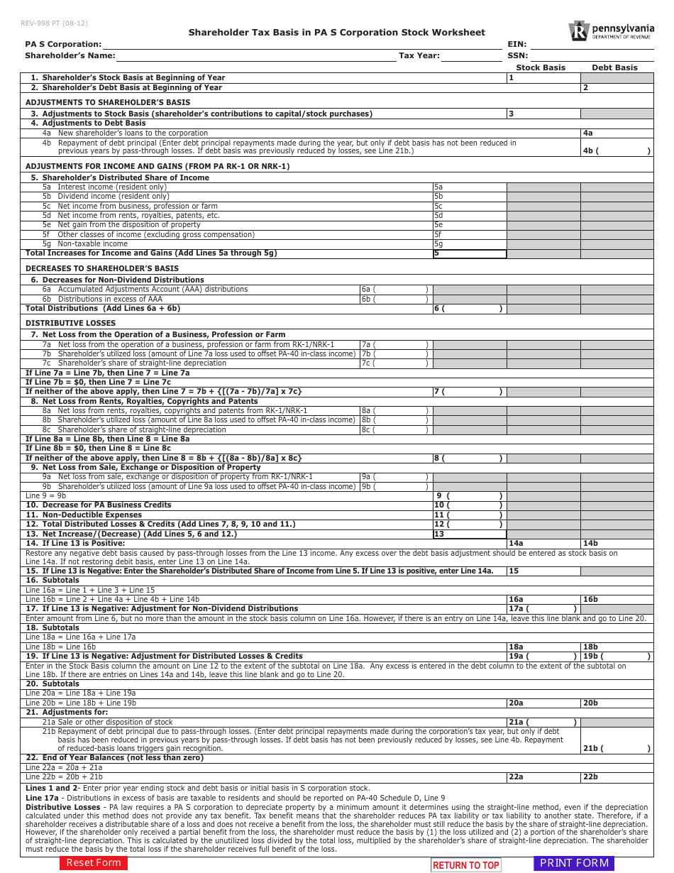 Form REV-998 Shareholder Tax Basis in Pa S Corporation Stock Worksheet - Pennsylvania, Page 1