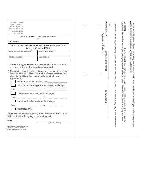 Form TR-100 Notice of Correction and Proof of Service - California