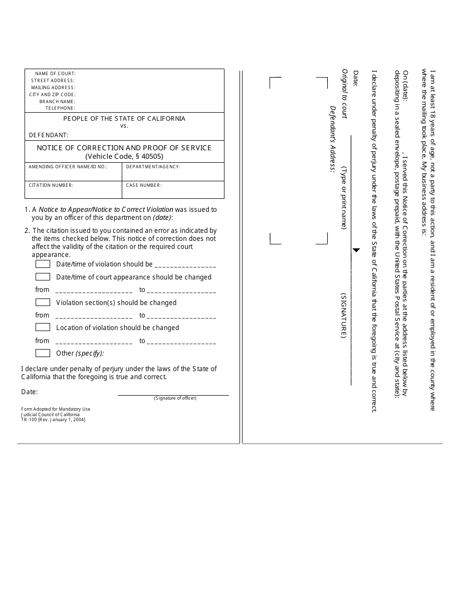 Form TR-100 Notice of Correction and Proof of Service - California, Page 1