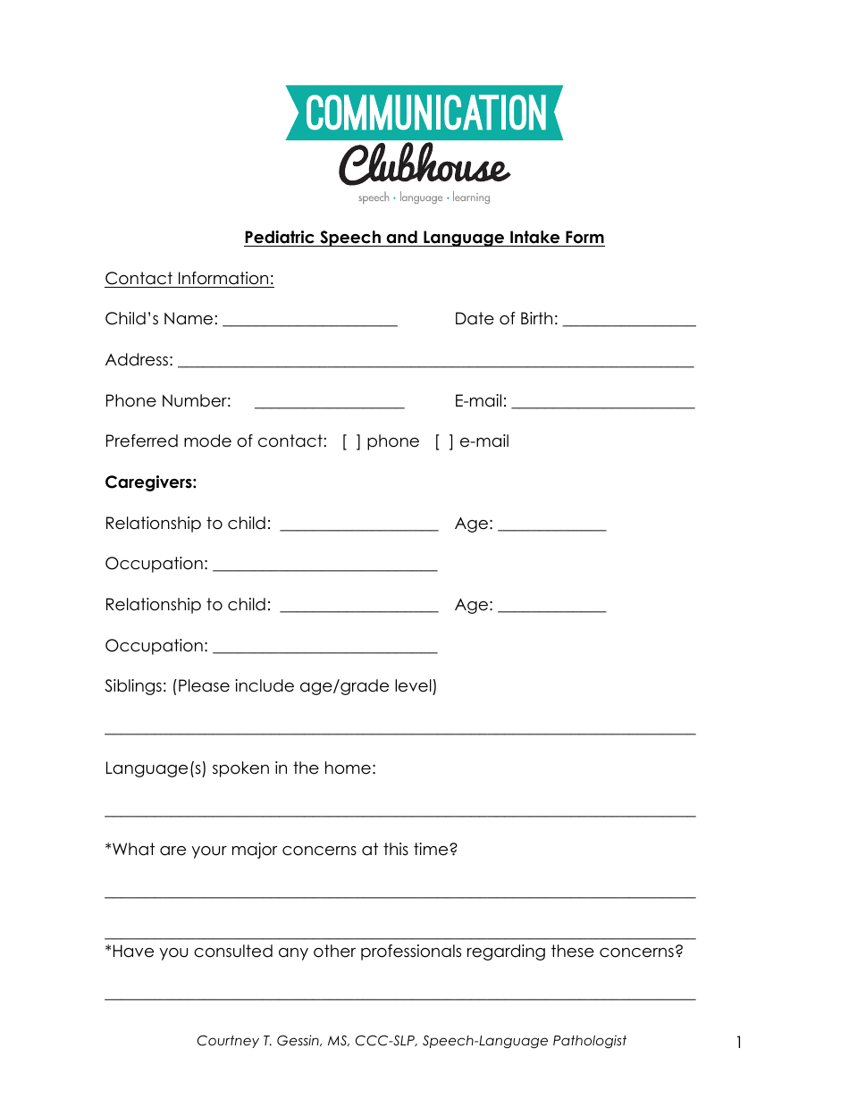 Pediatric Speech and Language Intake Form - Communication Clubhouse, Page 1