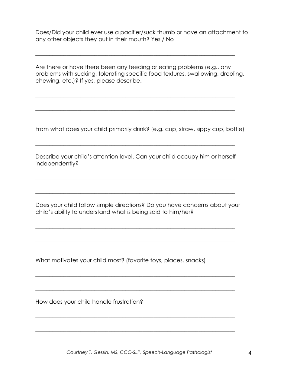 Pediatric Speech and Language Intake Form - Communication Clubhouse, Page 4