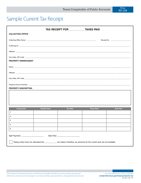 Form 50-134 Sample Current Tax Receipt - Texas