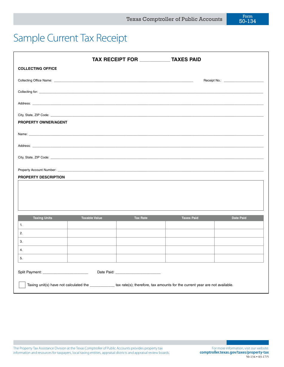 Form 50-134 Sample Current Tax Receipt - Texas, Page 1