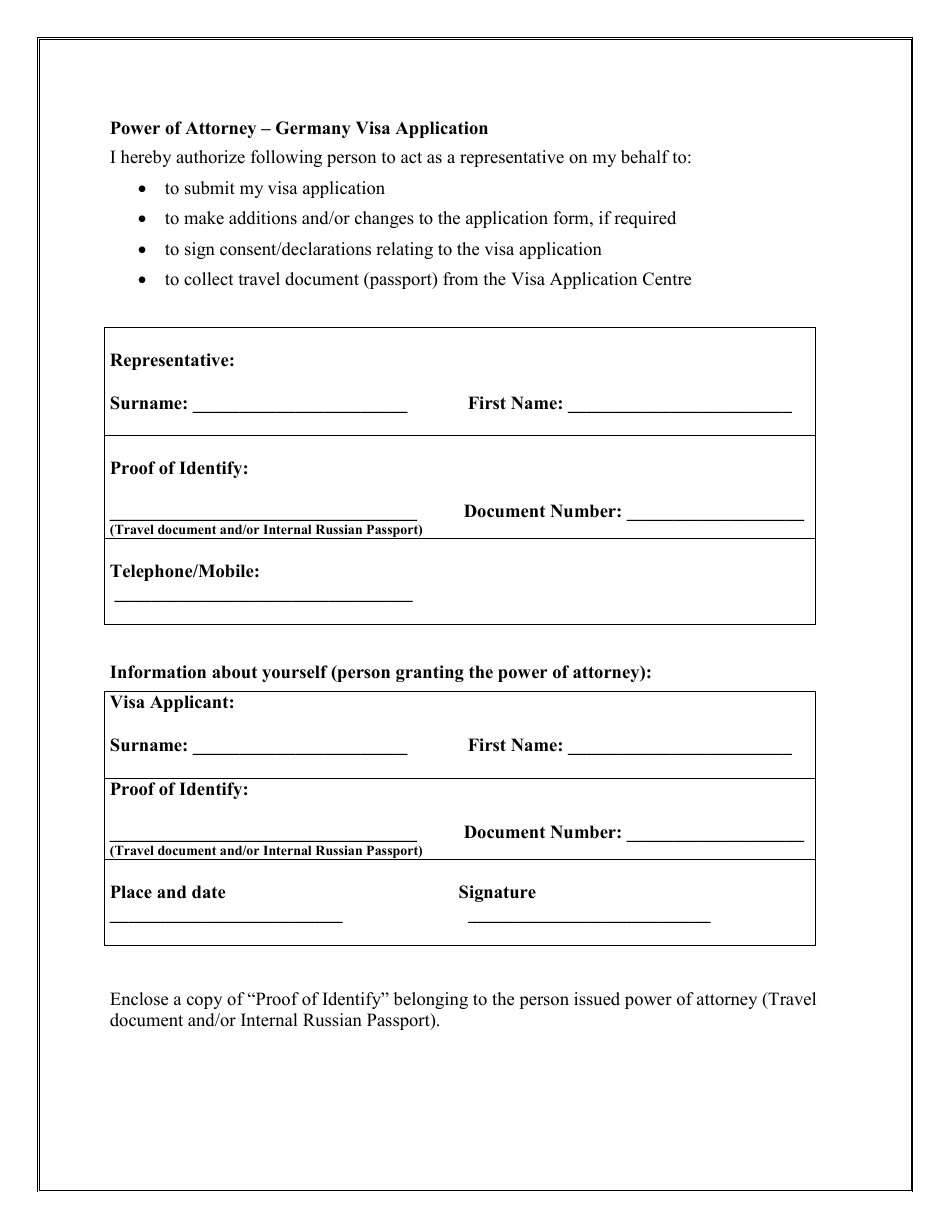 German Visa Application Form - Power of Attorney - Russian Federation, Page 1