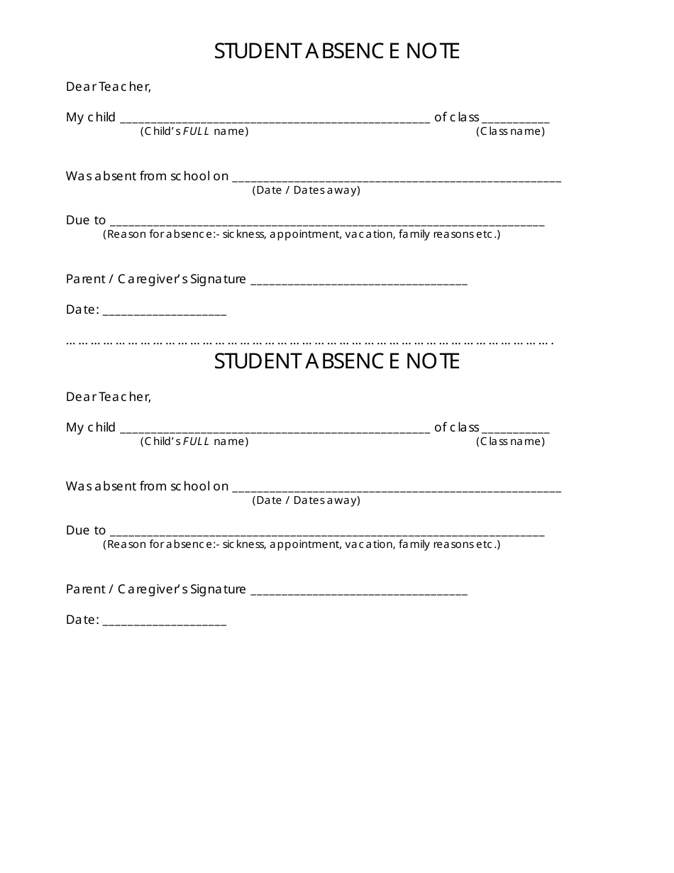 Student Absence Note Templates, Page 1