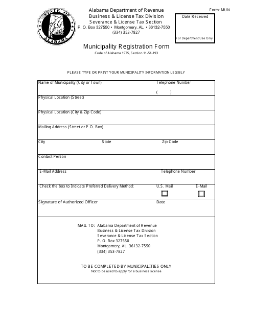Form MUN Municipality Registration Form - Alabama