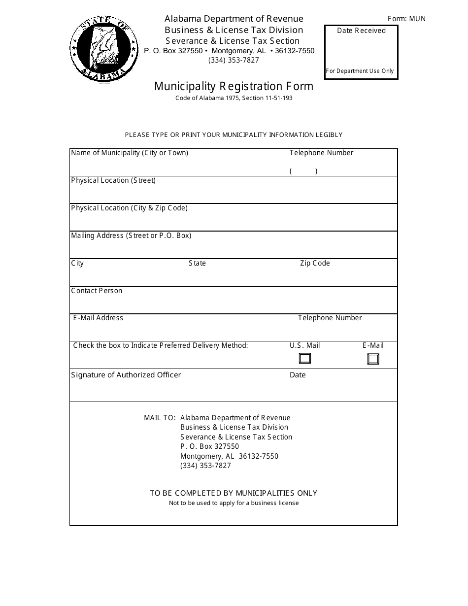 Form MUN Municipality Registration Form - Alabama, Page 1