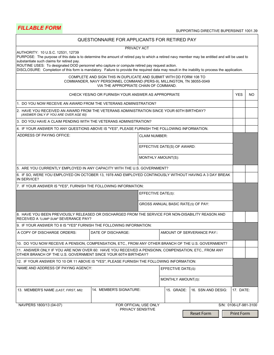 NAVPERS Form 1800 / 13 Questionnaire for Applicants for Retired Pay, Page 1