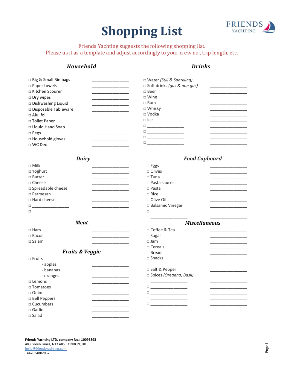 Shopping List Template for Friends Yachting