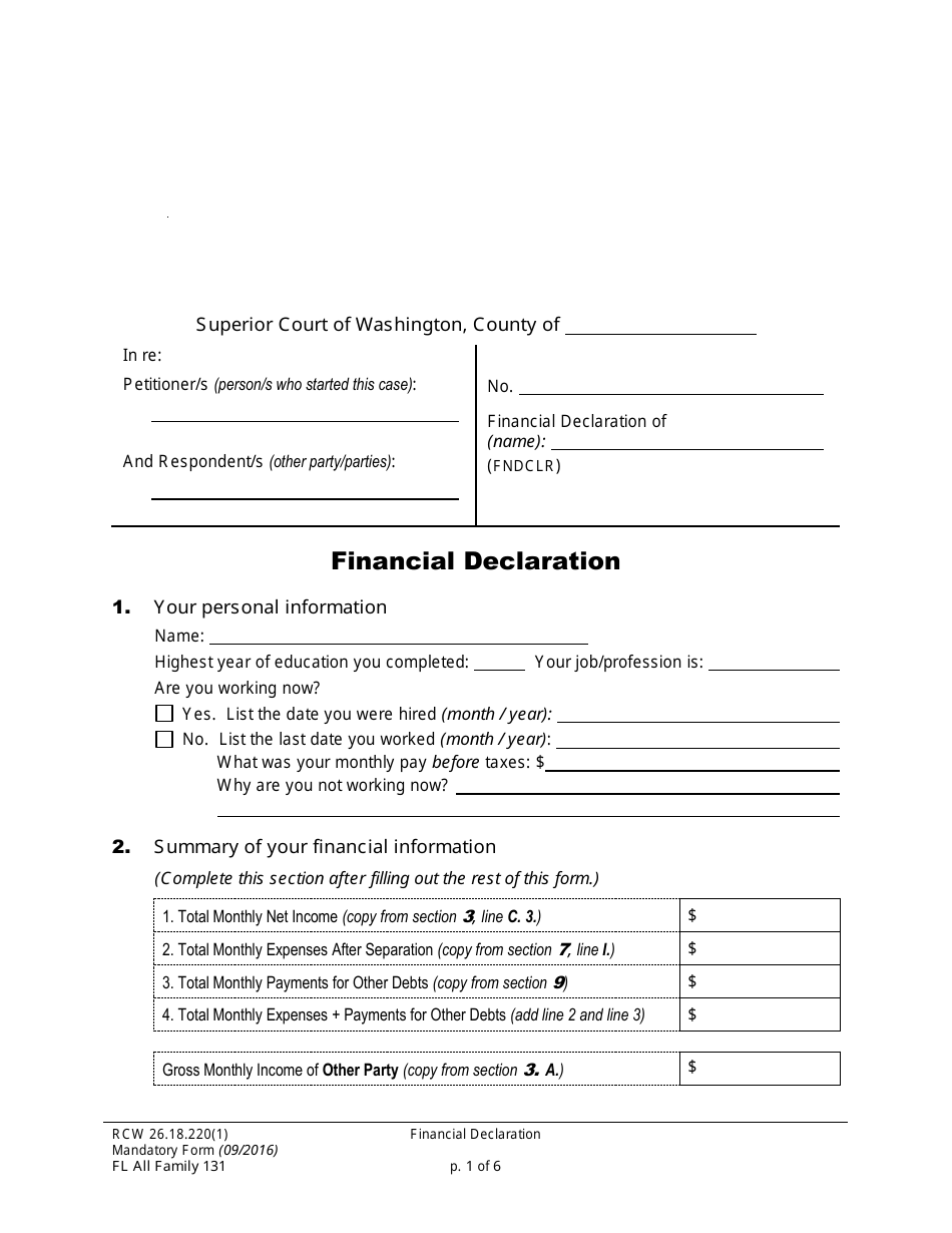 Form FL All Family131 Financial Declaration - Washington, Page 1