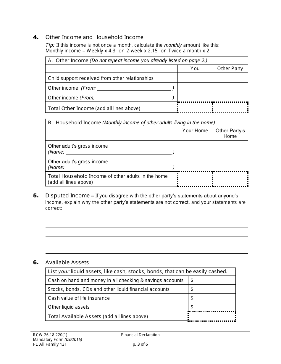 Form FL All Family131 Financial Declaration - Washington, Page 3