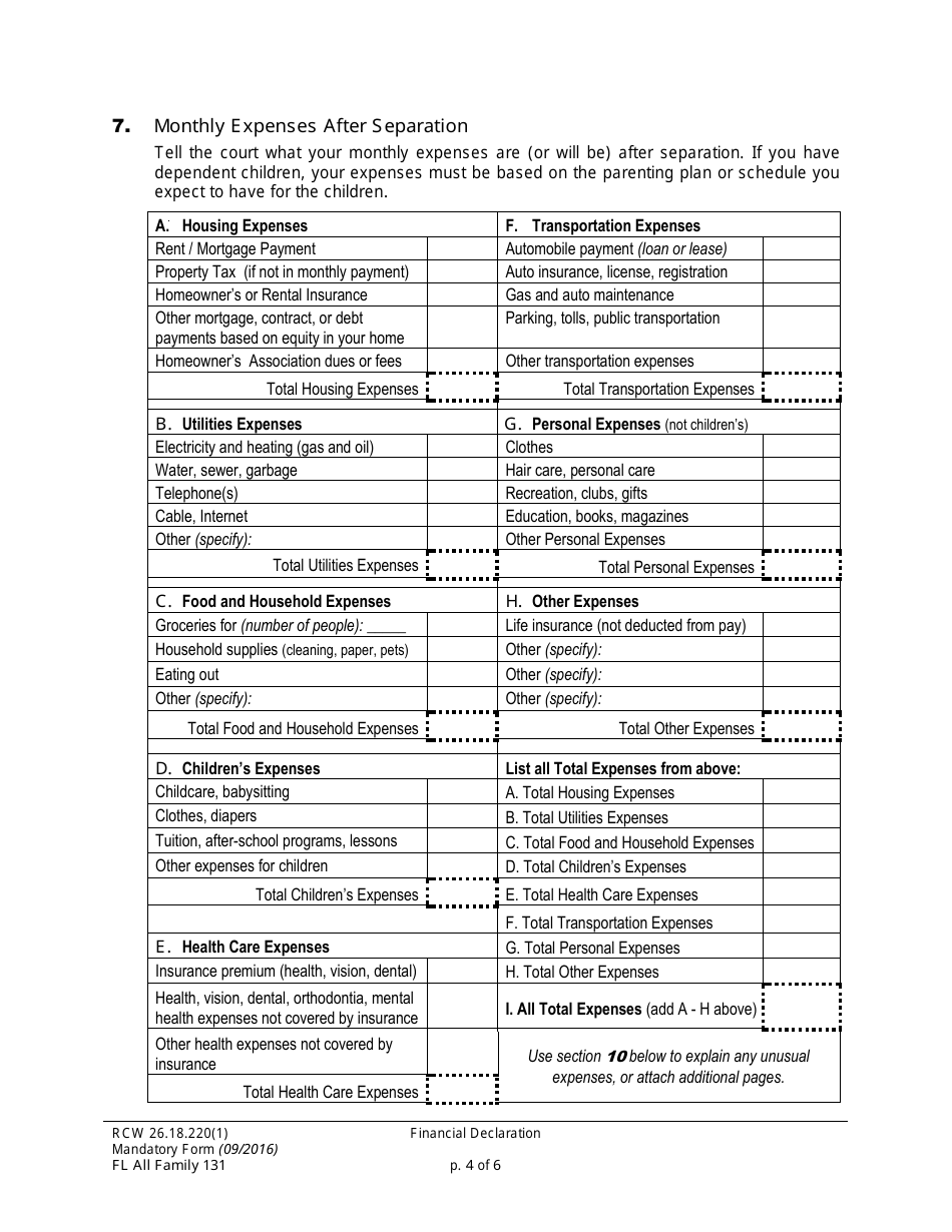 Form FL All Family131 Financial Declaration - Washington, Page 4
