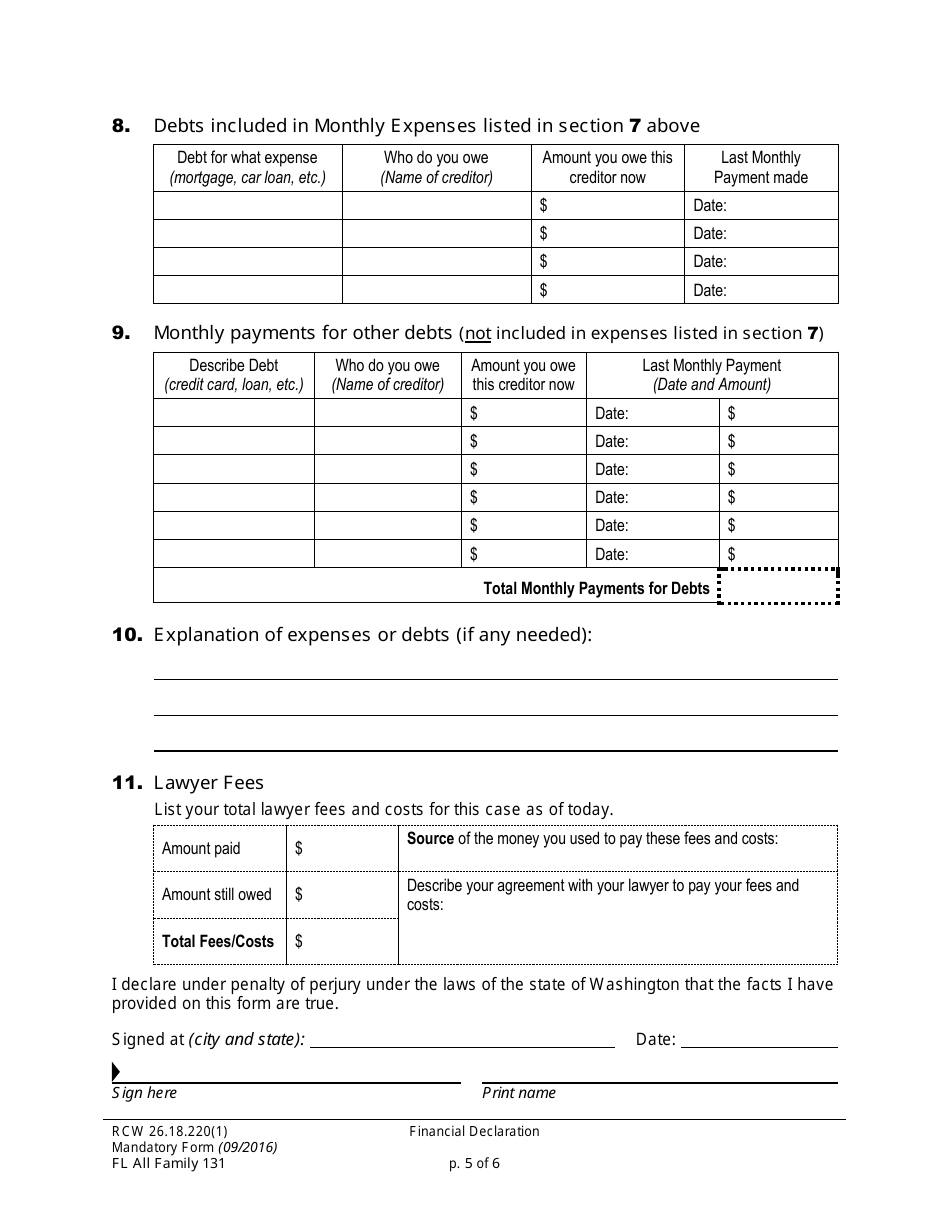 Form FL All Family131 Financial Declaration - Washington, Page 5