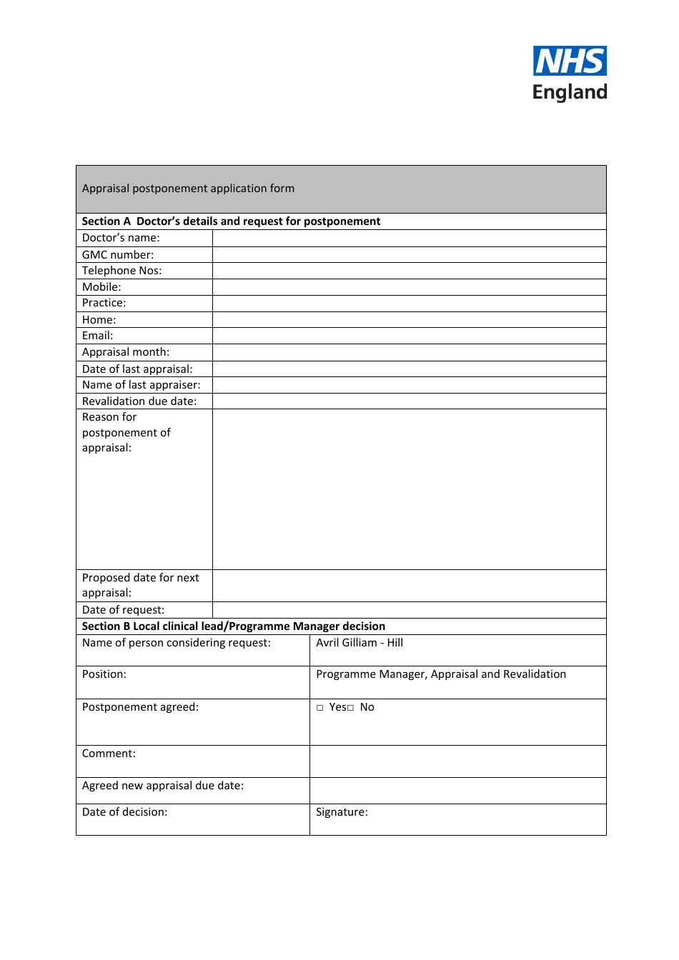 Appraisal Postponement Application Form - United Kingdom, Page 1